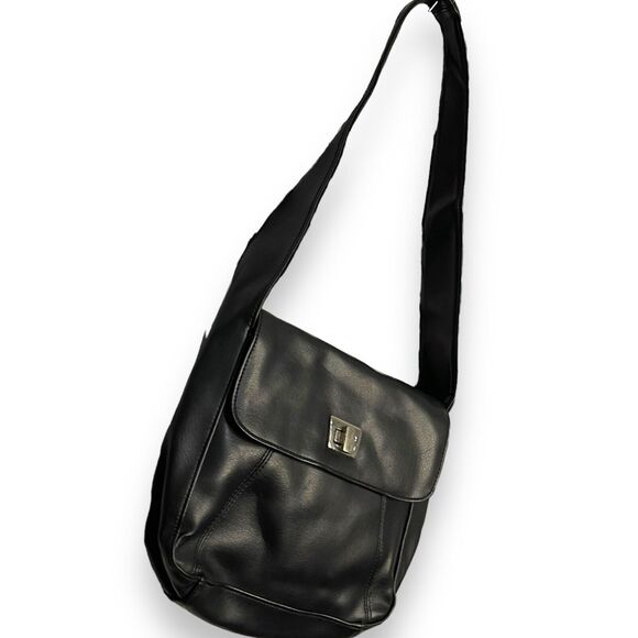 Faux Leather Shoulder Bag Womens Black Pockets Retro Pockets Minimalist Turnlock - Picture 4 of 11